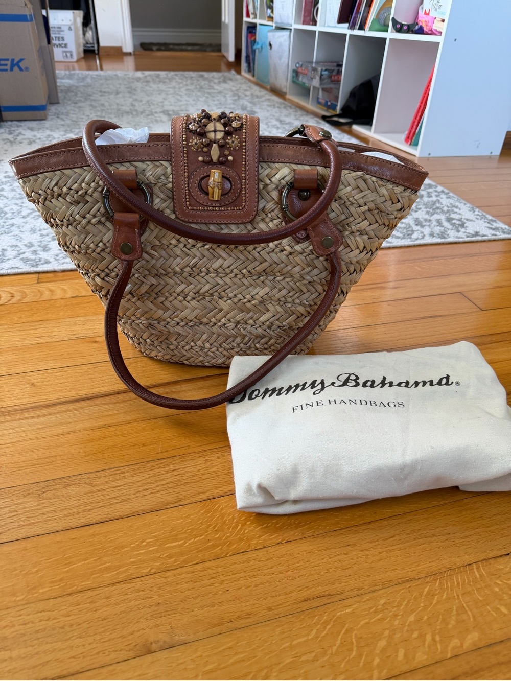 Tommy Bahama Natural Straw Tote with Brown Leather Trim and Beaded Accent